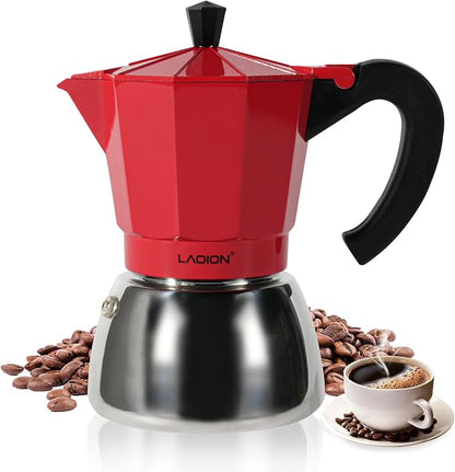Stovetop Espresso Maker, 6Cup Moka Pot, Espresso Machine Compatible with Induction Cooktops, 300ml Stainless Steel & Aluminum Cuban Coffee Maker for Cafetera Cubana, Red