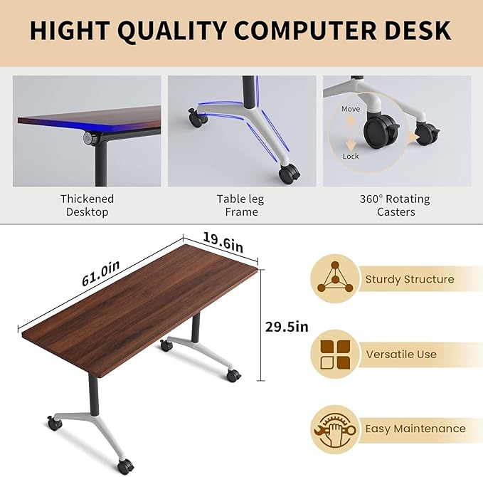 Conference Room Table, Modern Folding Training Tables with Flip Top, Mobile Table with Four Locking Wheels, Executive Desk for Meeting Room, Office, Classroom (6PCS，61in)