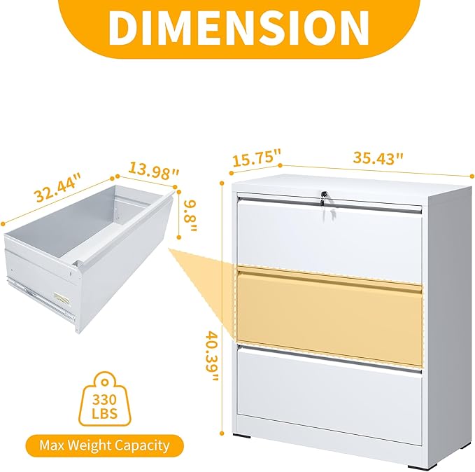 File Cabinet with Lock, 3 Drawer Lateral Filing Cabinet for Home Office, White Metal Heavy Duty File Cabinets for Hanging Letter/Legal/F4/A4 Size Files, Assembly Required