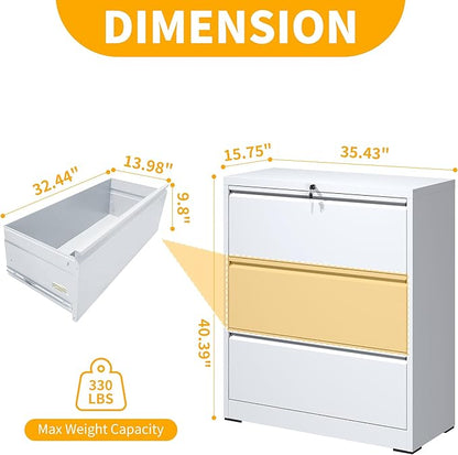 File Cabinet with Lock, 3 Drawer Lateral Filing Cabinet for Home Office, White Metal Heavy Duty File Cabinets for Hanging Letter/Legal/F4/A4 Size Files, Assembly Required