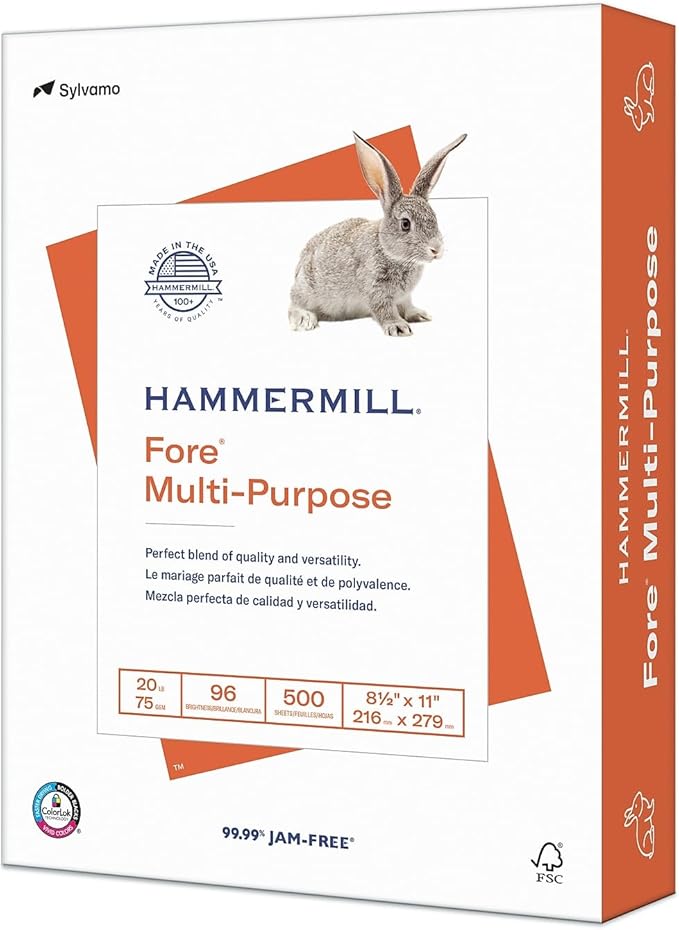 Hammermill Printer Paper, Fore Multipurpose 20 lb Copy Paper, 8.5 x 11 - 96 Bright, Made in the USA, 103267 (1 Ream, 500 Sheets Total)