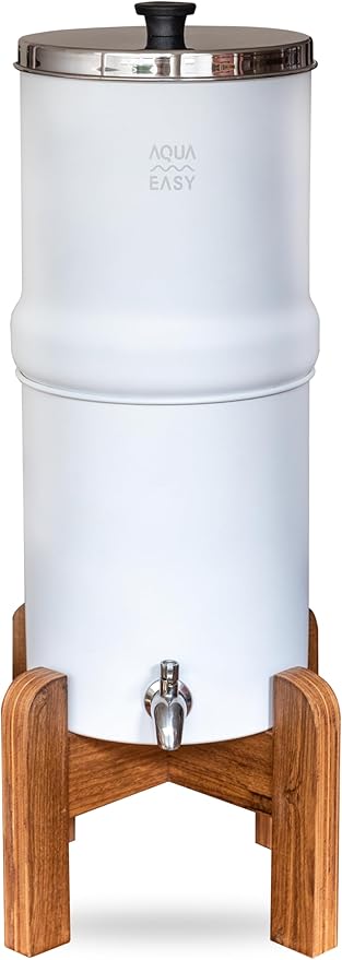 AquaEasy NSF/ANSI 372 Certified Stainless Steel Gravity Water Filter System (2.25 Gallon) 2X Activated Carbon Filter, Stainless Steel Tap and Wooden Stand | Countertop Water Filtration System (White)