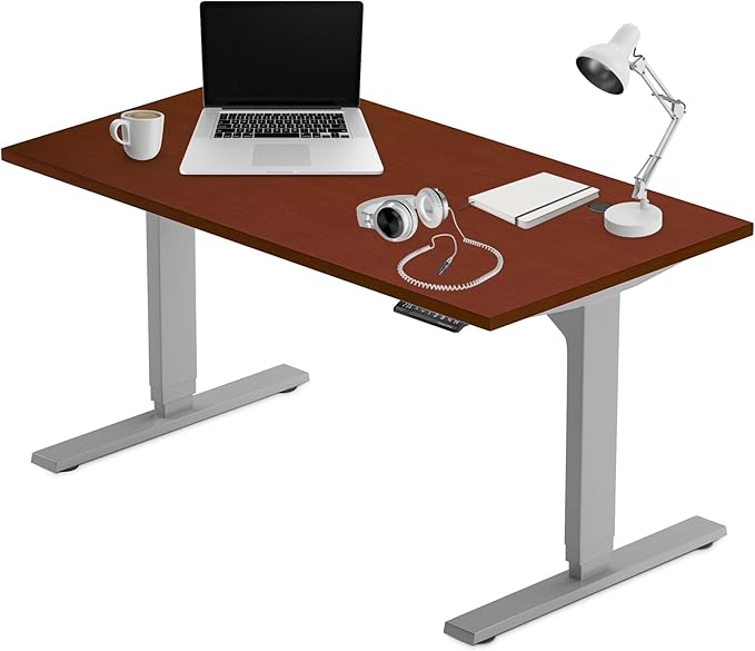 Progressive Desk Stand Up Height Adjustable Electric Standing Desk - 55" x 28" with Dual Motor, 3 Stages Sit Stand Table for Home Office - Dark Cherry, Gray Frame