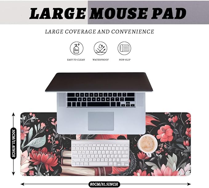 Dragon Desk Pad Mouse Pad Cartoon Flowers Fantasy Magical Books Mouse Pad Large Mousepad Extended Laptop Keyboard Mat Gaming Desk Pad Mouse Mat 31.5"x11.8"