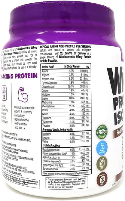 Bluebonnet Nutrition Whey Protein Isolate Powder, Whey From Grass Fed Cows, 26g of Protein, No Sugar Added, Gluten Free, Soy free, kosher Dairy, 1 Lb, 14 Servings, Chocolate Flavor
