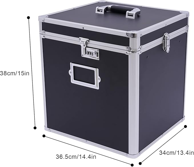 Stackable Vinyl Record Storage Box, Lockable 50 Album Storage Holder, Portable Locking File Storage Organizer with Handle, Letter/Legal File Storage,Black