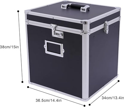 Stackable Vinyl Record Storage Box, Lockable 50 Album Storage Holder, Portable Locking File Storage Organizer with Handle, Letter/Legal File Storage,Black