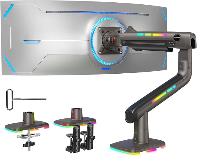 HUANUO RGB Monitor Arm for Ultrawide Screens up to 49″, Heavy-Duty Single Mount Holds 44 lbs, Fully Adjustable Gaming Monitor Arm with C-Clamp & Grommet Base, Max VESA 100 x 100mm