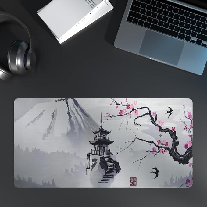 Large Sakura Mouse Pad, White Japanese Cherry Blossom Desk Mat,Extended Keyboard Mouse Pad with Non-Slip Base and Stitched Edge 23.6" x 11.8" Desktop Protector for Office and Home