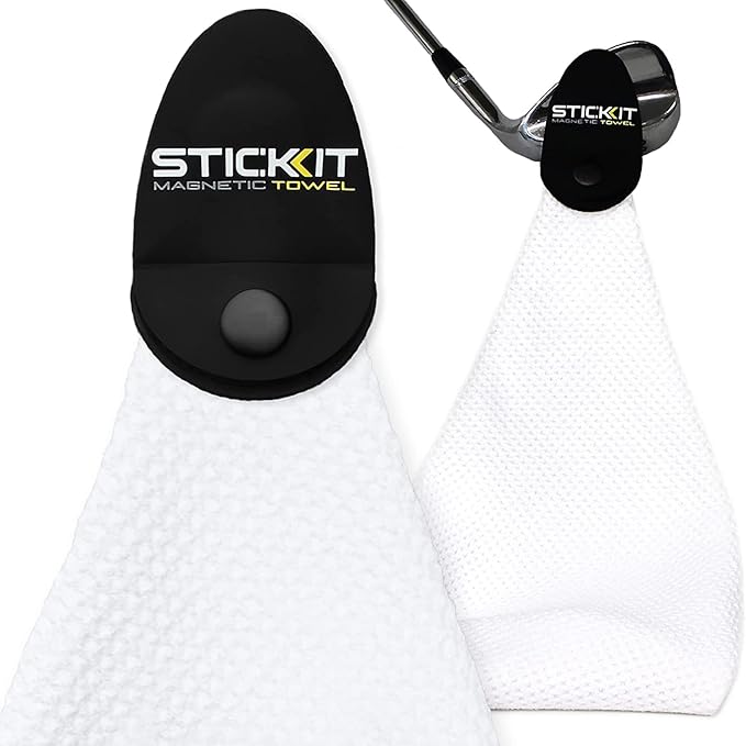 STICKIT Magnetic Towel, White | 2-Pack | Top-Tier Microfiber Golf Towel with Deep Waffle Pockets | Industrial Strength Magnet for Strong Hold to Golf Carts or Clubs