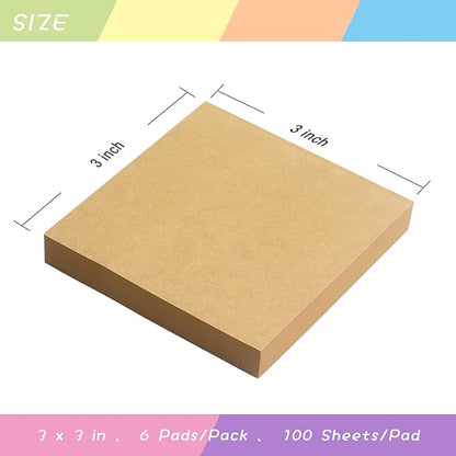 Sticky Notes 3x3 Self-Stick Notes Pads with 6 Bright Colors, Easy to Post for Office, School, Home, 6 Pads/Pack, 100 Sheets/Pad(Kraft Paper)