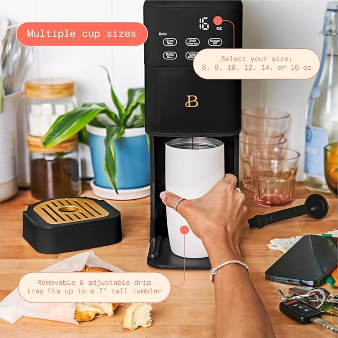 Beautiful Single Serve Coffee Maker with Built-In Burr Grinder, Hot or Iced, Pod-Free, 6 Brew Sizes, 3 Strengths, Touch Display, Reusable Filter, 64oz Reservoir, Slim Design (Black Sesame)
