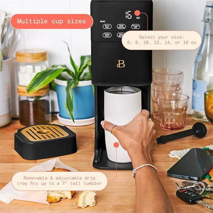 Beautiful Single Serve Coffee Maker with Built-In Burr Grinder, Hot or Iced, Pod-Free, 6 Brew Sizes, 3 Strengths, Touch Display, Reusable Filter, 64oz Reservoir, Slim Design (Black Sesame)
