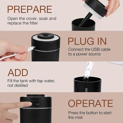 Portable Mini Humidifier, 180ml USB Cool Mist Small Humidifiers for Bedroom, Personal Desktop Humidification for Car Office Travel & Indoor Plants(Black)