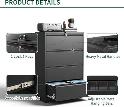 Lateral File Cabinet with 4 Drawer, Metal File Cabinets for Home Office with Lock, Large Filing Storage Cabinet Printer Stand, Steel Wide File Cabinet for Legal/A4/F4/Letter Size Files-Black