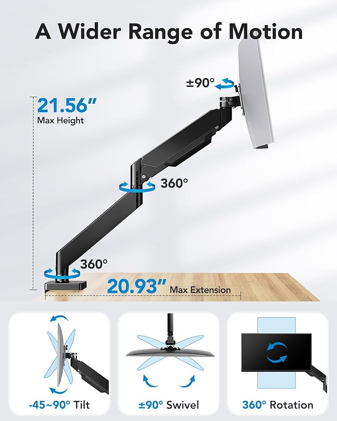 HUANUO Ultrawide Monitor Arm for 13 to 43 Inch Screens, Single Heavy Duty Monitor Arm Holds up to 33 lbs, Full Motion with Tilt Swivel Rotation, VESA 75x75mm or 100x100mm