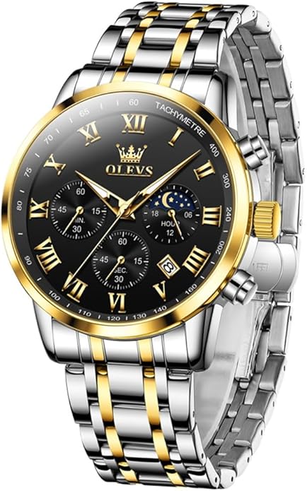 OLEVS Mens Stainless Steel Chronograph Watch, Big Face Roman Numerals Date Analog Quartz Dress Watches for Men, Fashion Multifunctional Waterproof Luminous Hands Men's Wristwatch