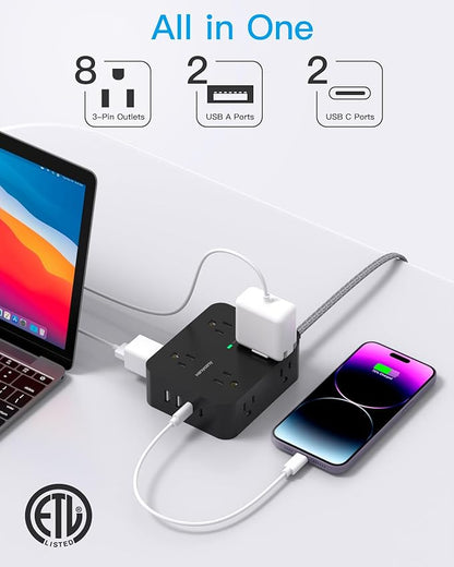 Extension Cord 25 Ft, HANYCONY Surge Protector Power Strip with 8 Outlets 4 USB Ports(2 USB C), Long Cord, Wall Mount, Desk USB Charging Station for Home Office College Dorm Room Essentials
