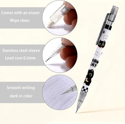 6 Pcs Black Cute Cat Mechanical Pencils with Eraser 0.5mm Kawaii Cartoon Cat Mechanical Pencil School Pencil Cat Gifts for Women Man