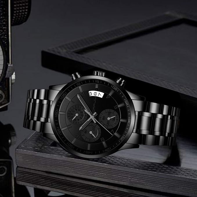 CRRJU Men's Fashion Stainless Steel Watches Date Waterproof Chronograph Wristwatches,Black Steel Band Waterproof Quartz Watch for Men