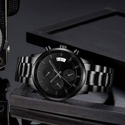 CRRJU Men's Fashion Stainless Steel Watches Date Waterproof Chronograph Wristwatches,Black Steel Band Waterproof Quartz Watch for Men