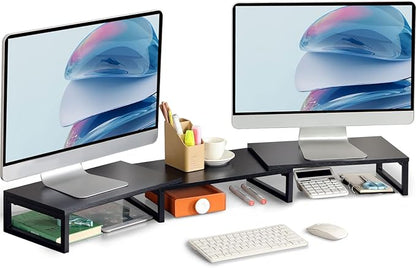 TEAMIX Dual Monitor Stand Riser for 2 Monitors, Wood & Metal Stand Adjustable Length/Angle Shelf Triple Monitor Stand for Screens/PCs/Printers/Laptops Desktop Organizer