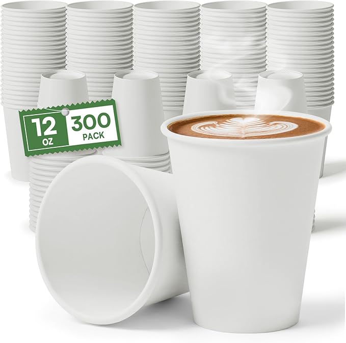 White Paper Cups 12 oz Disposable Coffee Cups, 300 Pack BPA Free Leak Proof Hot Cups, 300GSM Thickened Disposable Cups,Unbleached Hot Cold Drink Cups for Everyday Home Office Coffee Bar Party Supplies