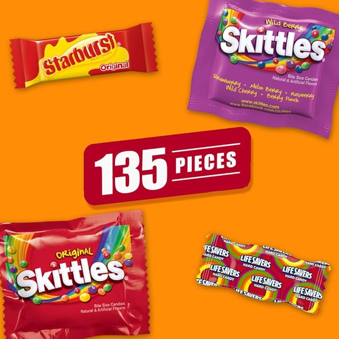 SKITTLES Original, SKITTLES Wild Berry STARBURST & LIFE SAVERS Hard Candy Fun Size Fruity Candy Assortment, 135 Ct Bulk Bag Christmas Candy