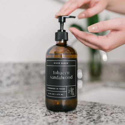 River Birch Tobacco Sandalwood Scented Natural Hand Soap - Handmade Soap - Moisturizing Hand Wash with Amber Glass Dispenser - Luxury Scented Hydrating Hand Soap - Vegan and Non-Toxic - 16 Fl Oz