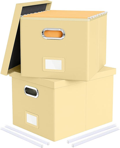 2 Pack File Storage Organizer Box, Portable Document Box with Lid,Fit for Letter/Legal File Folder Storage,Cream-yellow(Leather)