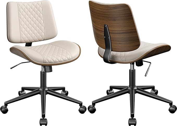 Armless Office Chair, Mid Century Modern Desk Chair with Walnut Wood Back & SGS Level 3 Gas Lift, Swivel PU Leather Computer Chair for Small Space, Home Office, 300lbs Cap, Beige Set of 2