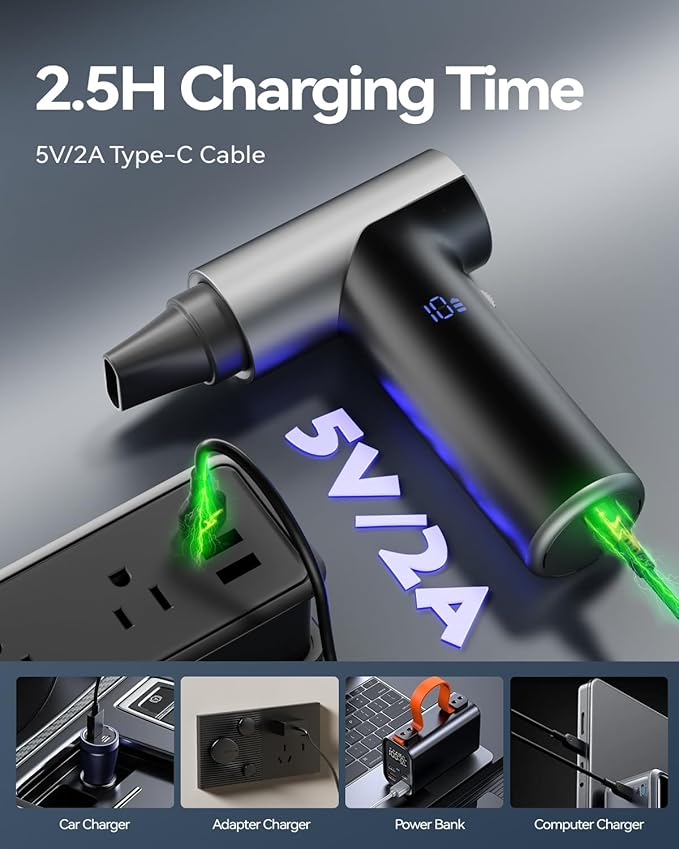 Compressed Air Duster【2025 Upgraded】 200000RPM Super Power Electric Air Duster, 11-Gear Speed Mini Blower with Aluminum Alloy, Cordless Dust Blower for Computer, Keyboard, House, Outdoor, and Car