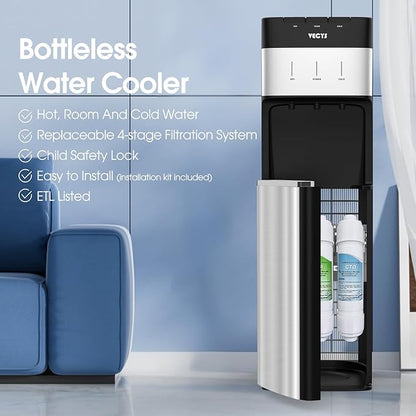 VECYS Bottleless Water Cooler with 4-Stage Filtration, Hot, Cold & Room Water Options, Self-Cleaning System for Home & Office
