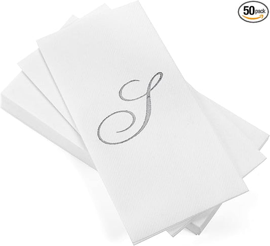 AMERICAN HOMESTEAD Disposable Hand Towels - Silver Foil Monogrammed Guest Napkins - Linen-Like Bathroom Paper Towels for Guests - Perfect Wedding and Party Napkins - 50 Count (Silver S)