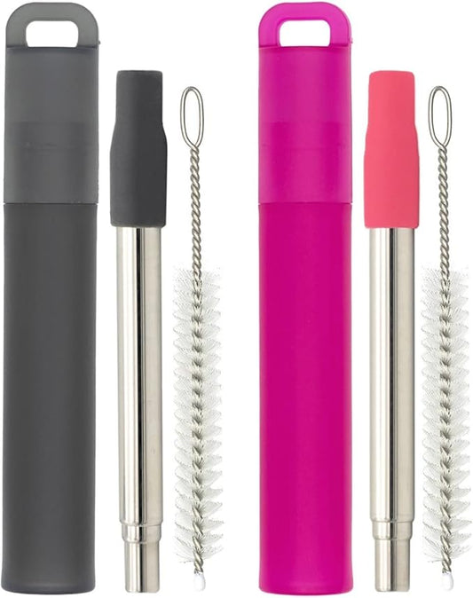 NAIVELY-Metal Reusable Straws, 2 Pack Collapsible Portable Stainless Steel Straws, with Plastic Housing Silicone Tips and Cleaning Brush, Retractable Portable Pocket Drinking Straws