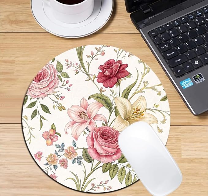 Floral Array with Roses and Lilies Mouse Pad Round Non-Slip Rubber Mousepad Laptop Office Computer Decor Cute Desk Accessories Customized Design Mouse Pad