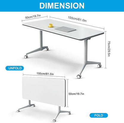 Folding Conference Table, Conference Room Tables Foldable Large Meeting Seminar Table on Wheels,Flip Top Boardroom Training Tables for Office, Classroom,Meeting (10, White, 61in)