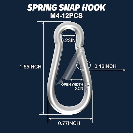 12PCS M4 Spring Snap Hook Carabiner, 1.57 Inch Small Carabiner Clip, Silver Heavy Duty Galvanized Steel Spring Clip, Quick Link Key Chain for Swing Hammock Gym Outdoor, 120LBS Holding Capacity