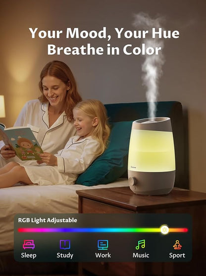 BREEZOME Humidifiers for Bedroom, 2.5L Humidifiers for Home, 250ml/h Mist Output, 7 Adjustable LED,25hrs Essential Oil Diffuser, 25dB Top Fill Ultrasonic Humidifier for Baby and Indoor Plants, White