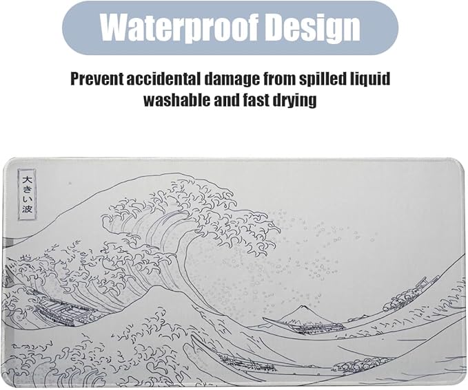 Large Japanese Sea Wave Mouse Pad - White Anime Desk Mat, Extended Non-Slip Keyboard Pad, Kanagawa Office Desktop Protector 23.6" x 11.8" for Gaming, Office and Home