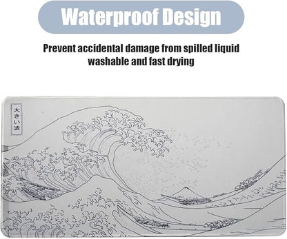 Large Japanese Sea Wave Mouse Pad - White Anime Desk Mat, Extended Non-Slip Keyboard Pad, Kanagawa Office Desktop Protector 23.6" x 11.8" for Gaming, Office and Home