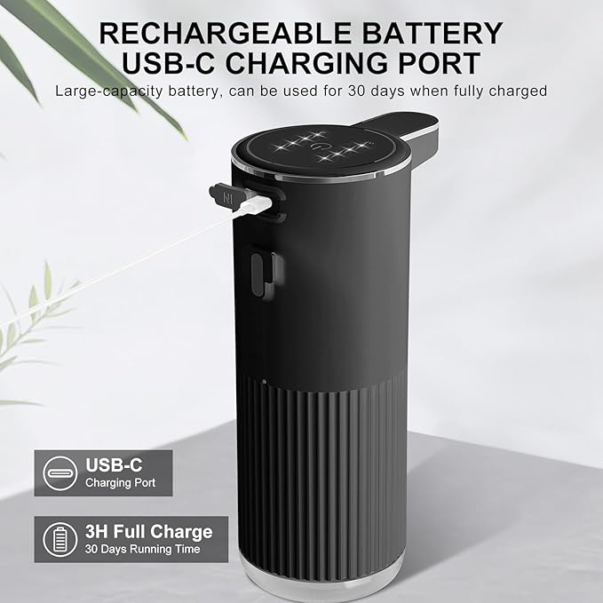 Automatic Liquid Soap Dispenser, 12.2oz/360ml Rechargeable Touchless Hand Soap Dispenser, 4 Level Adjustable with Display, Waterproof Wall Mounted Soap Dispenser for Bathroom Kitchen, Black