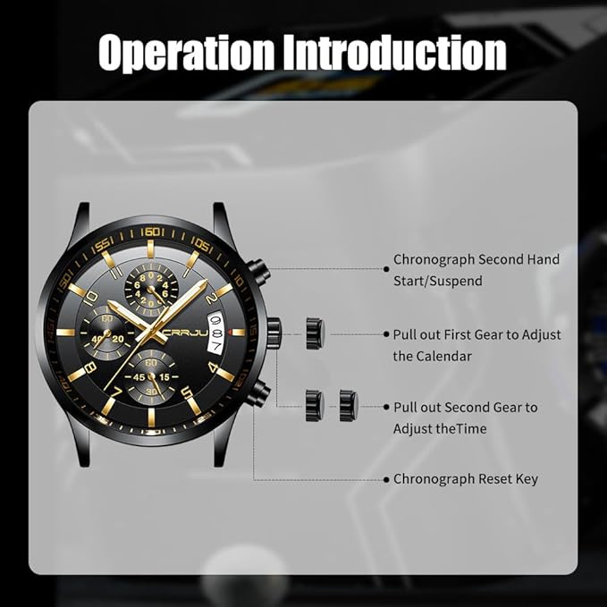 CRRJU Men's Fashion Stainless Steel Watches Date Waterproof Chronograph Wristwatches,Black Steel Band Waterproof Quartz Watch for Men
