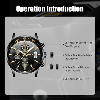 CRRJU Men's Fashion Stainless Steel Watches Date Waterproof Chronograph Wristwatches,Black Steel Band Waterproof Quartz Watch for Men