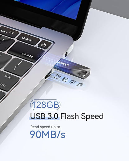 128GB USB 3.0 Flash Drive, Waterproof Metal USB Memory Stick, Slim Thumb Drive Portable Pen Drive with Keychain Hole Stylish Jump Drive for PC Computer Car - Gray