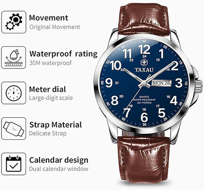 Watches for Men Leather Large Arabic Numerals Mens Watches Waterproof Band with Date Quartz Men's Wrist Watch