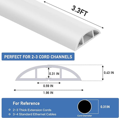 Floor Cord Cover Self Adhesive Cord Hider Floor Extension Cord Covers for Floor Power Cord Protector Cable Management Prevent Cable Trips Cable Cavity 0.59" W x 0.31" H (White, 3.3Ft)