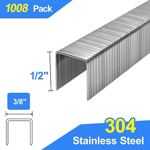 20 Gauge 304 Stainless Steel T/50 Staples - 3/8" Crown Upholstery Staples, 1/4"~9/16" Leg Length, 1008 Counts, Compatible with Staple Gun & T-50 Stapler (1/2"-1008 pcs)