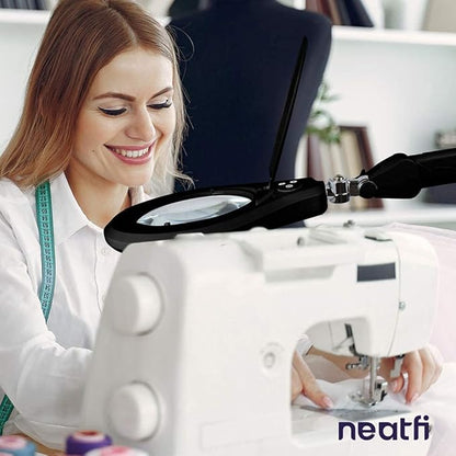 Neatfi Elite Super LED Magnifying Lamp with Clamp, 6” Glass Lens, Dual Magnification, 5D/12D, 6500K, Glare-Free, Nonpolar Dimming, Lamp for Reading, Sewing, Crafting (6 Inch Lens, Black)