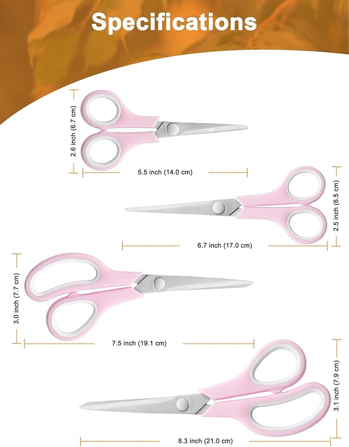 Craft Scissors Set of 4, Sharp Stainless Stee Blades, Comfort Grip, Scissors All purpose for Office School Home Fabric Sewing DIY Art Craft Cutting, 8.5''/7.5''/6.7''/5.5'', Pink